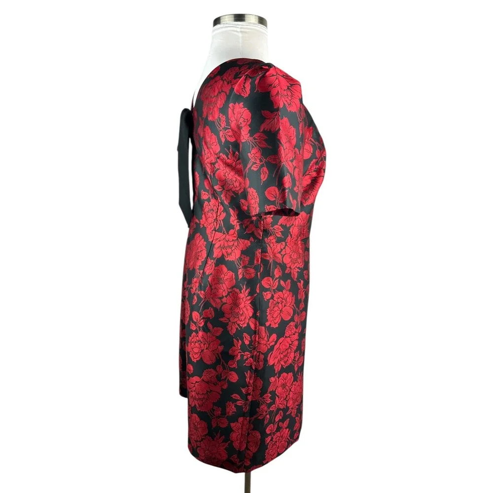 NWT Talbots Back Bow Floral Jacquard A-Line Dress Red Black Lined Zip Size 14 - Picture 7 of 16